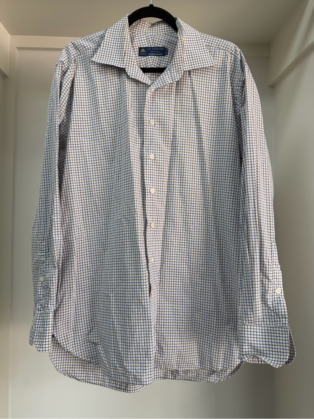 JP Tilford fabric by Thomas Mason Men's Blue Checked Dress Shirt
